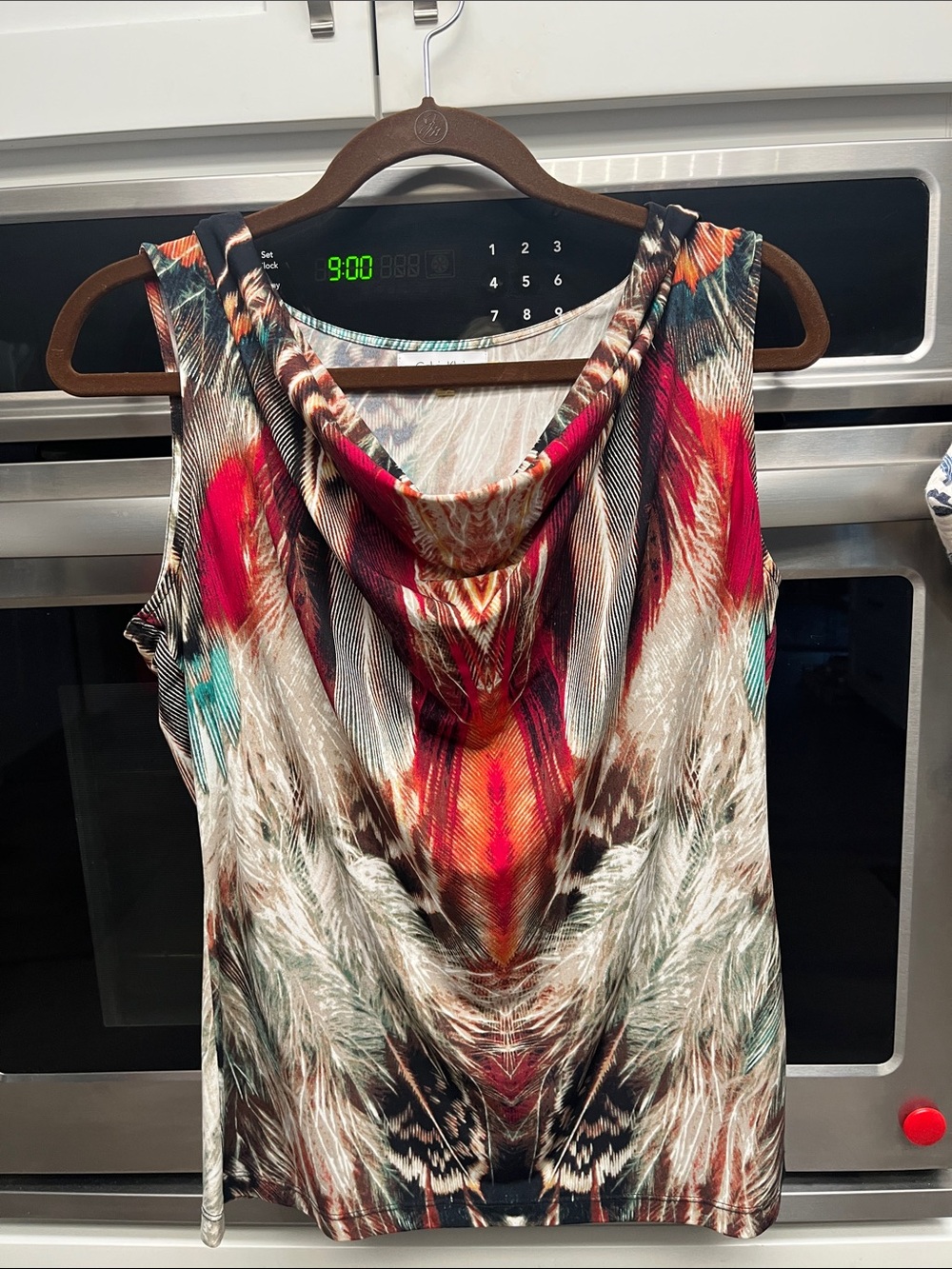 Calvin Klein Multicolor Cowl-Neck Sleeveless Tank — Red, Teal, Black, Cream